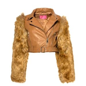 Women's FUR ARMS MOTO JACKET-BEIGE